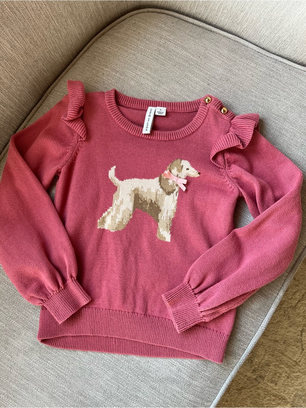 Janie and Jack Rose Pink Dog Ruffle-Shoulder Sweater (kids)